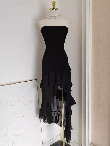 Niulatu High Low Strapless Black Chiffon Ruffles Vacation Dress Women Dresses SD140